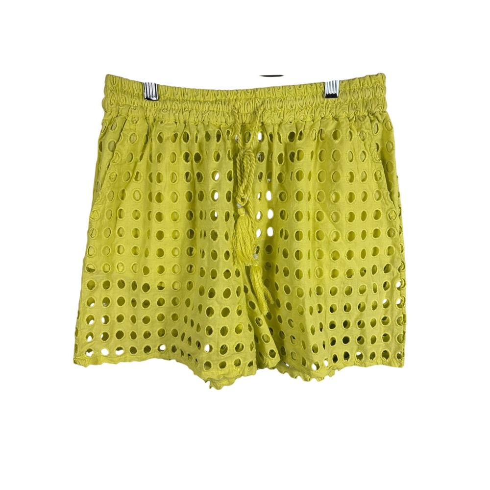 Dotti Women's Medium Neon Yellow Eyelet Cotton Drawstring Tassel Summer Shorts
